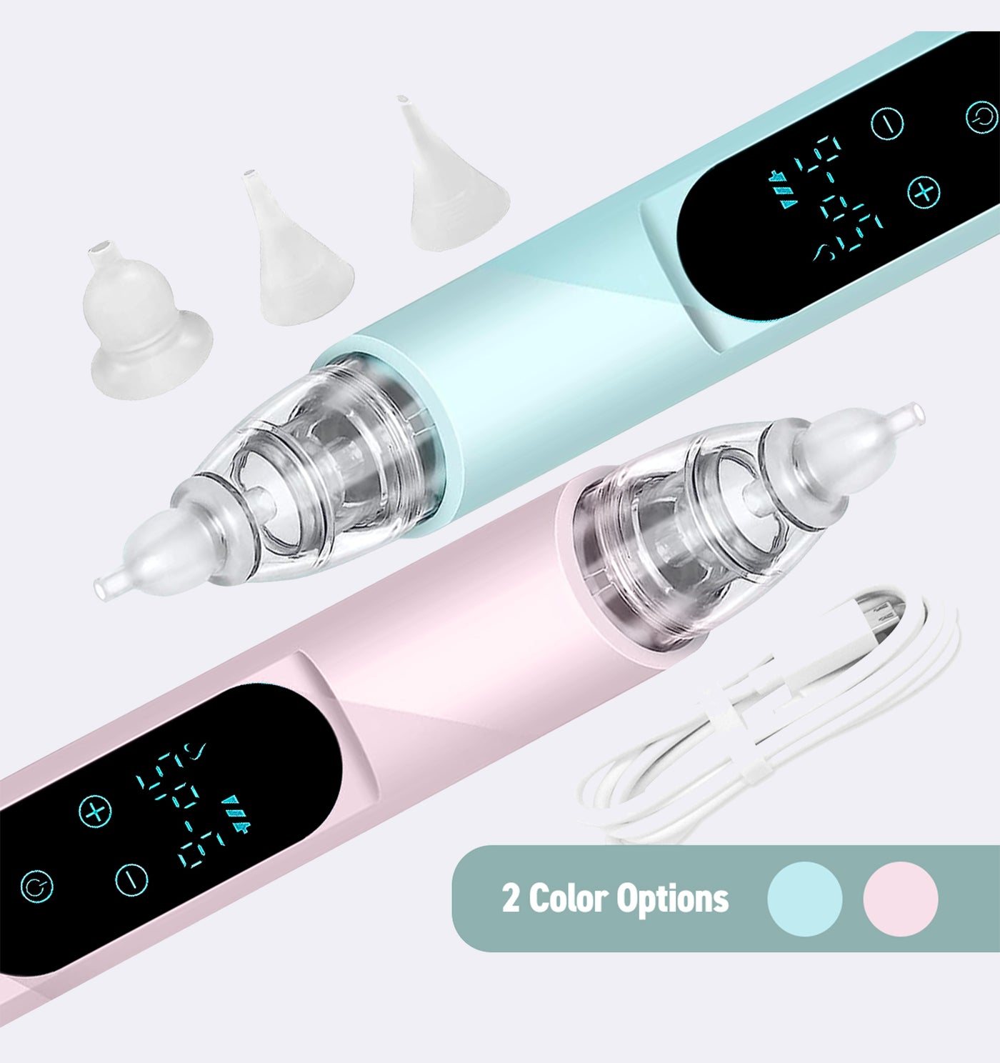 Two electronic devices, one pink and one light blue, with digital displays on a white background.