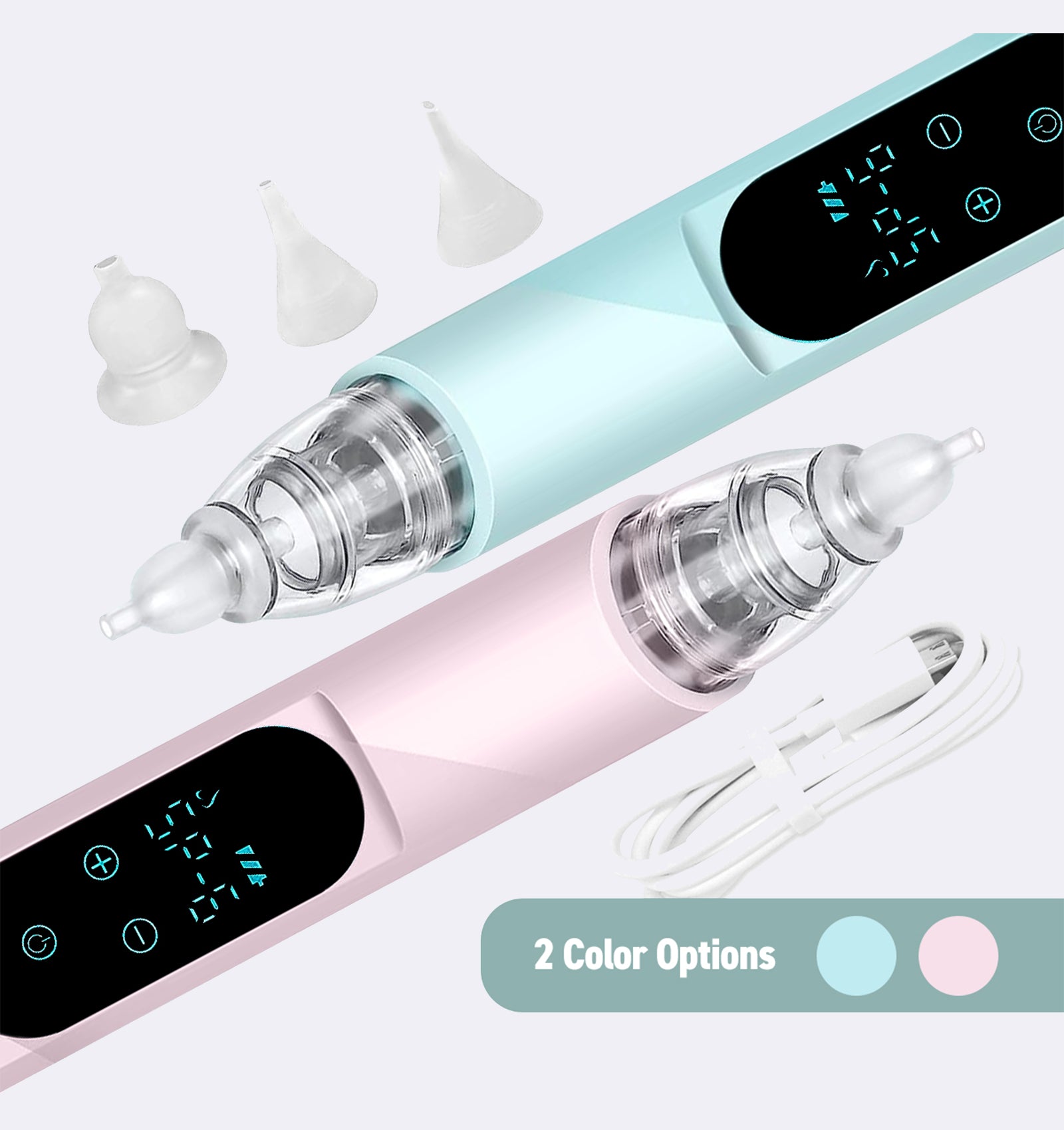 Two electronic devices, one pink and one light blue, with digital displays on a white background.