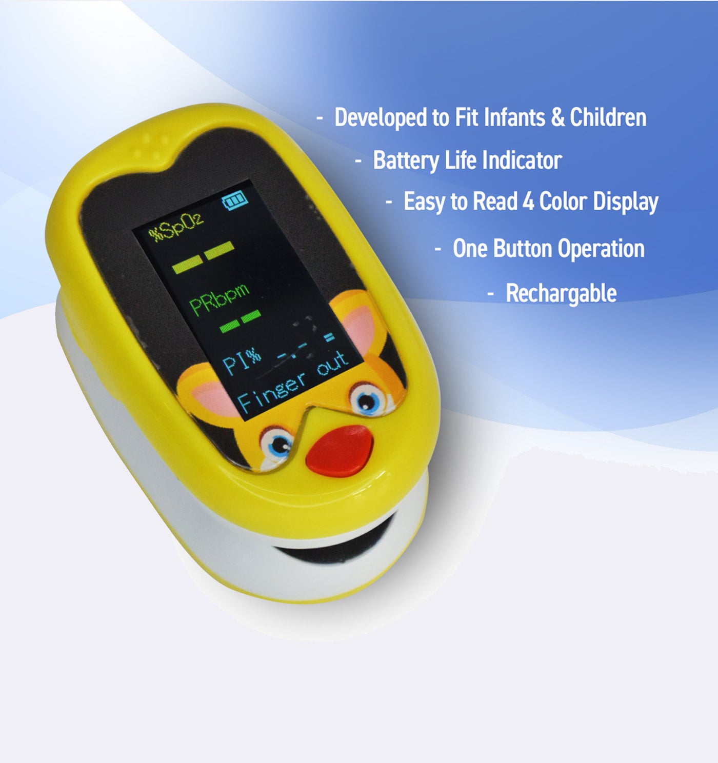Yellow children's pulse oximeter with cartoon face on a white background