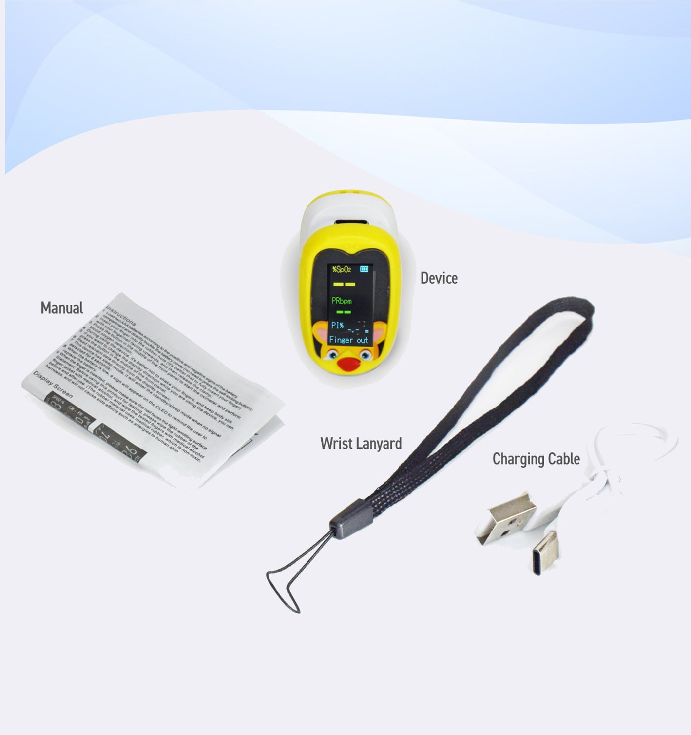 Finger pulse oximeter with wrist lanyard, charging cable, and manual on a white background