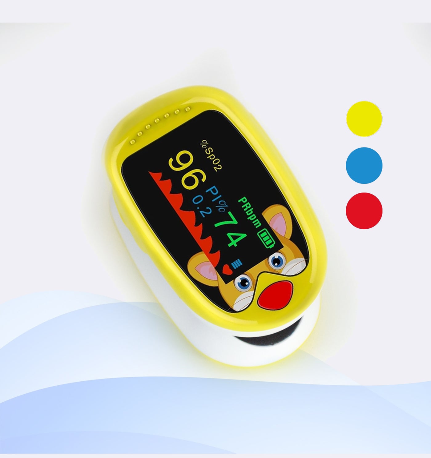 Yellow pulse oximeter with cartoon design on a white background