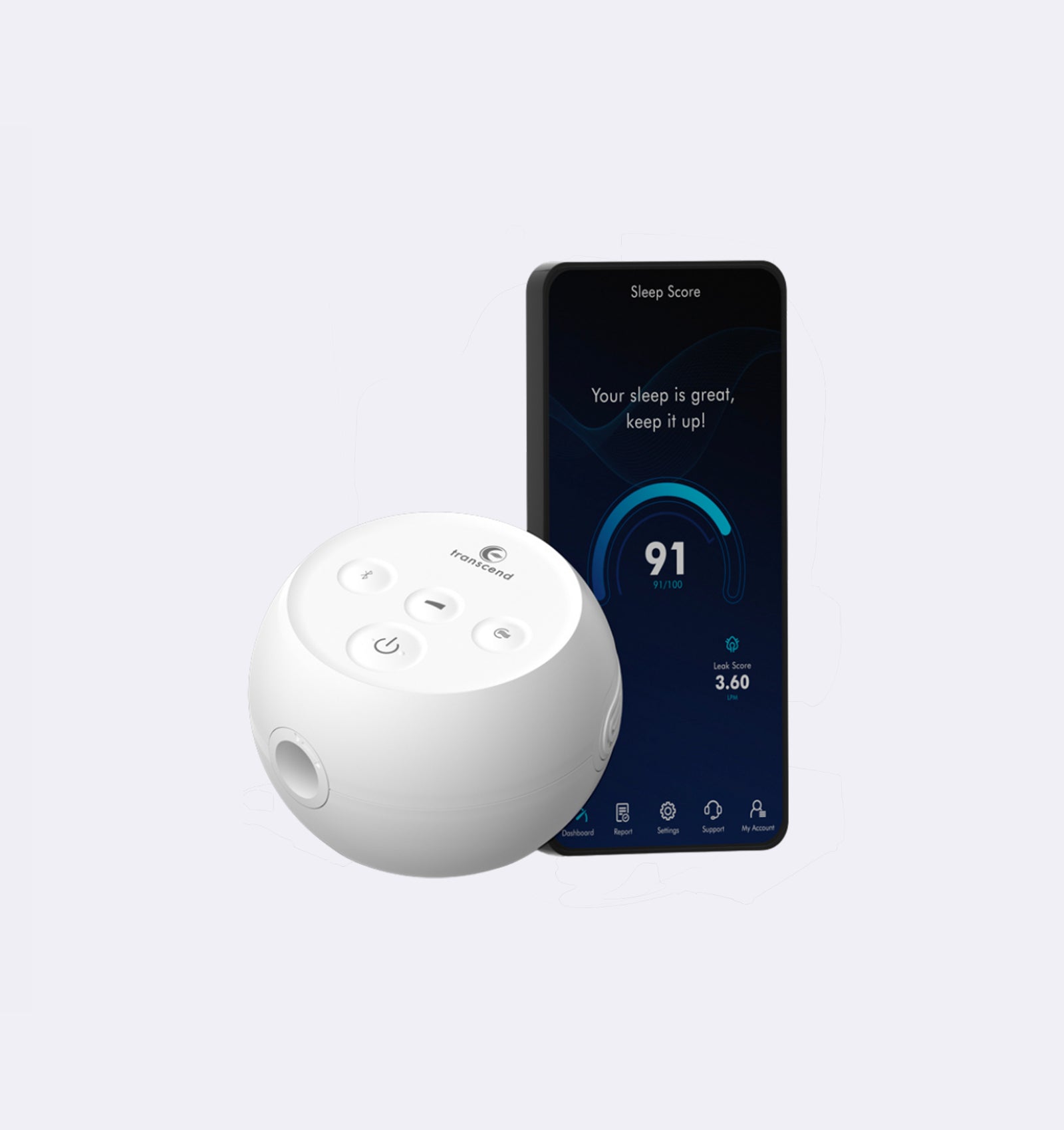 White sleep device and smartphone with sleep tracking app on a light gray background