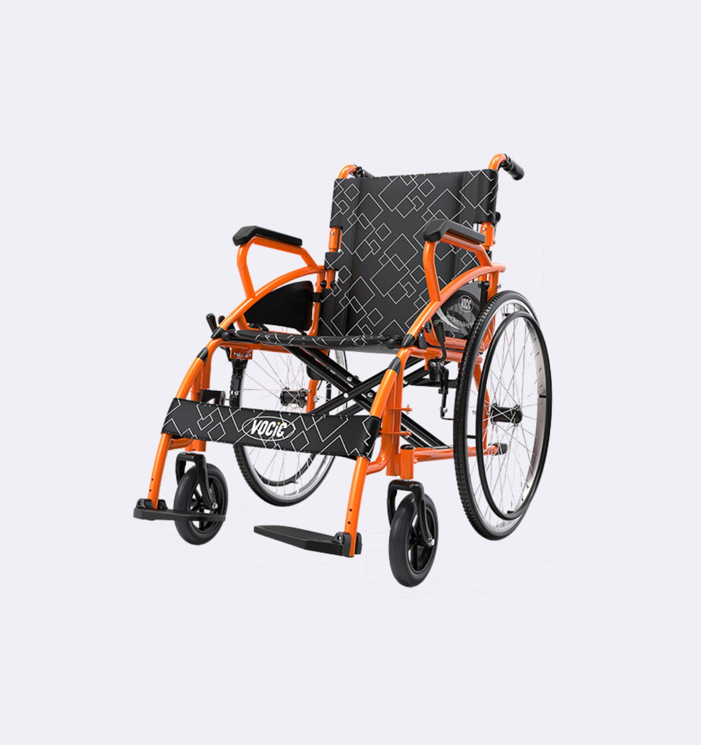 Orange and black wheelchair on a light gray background