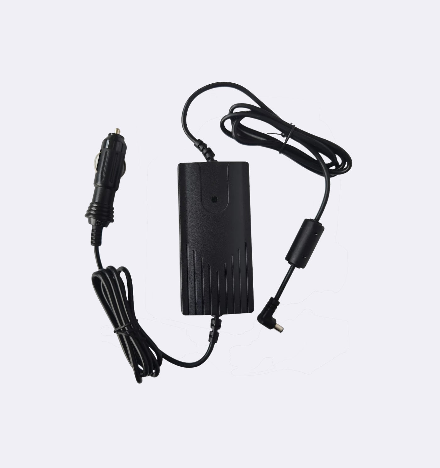 Black power adapter with cable on a white background