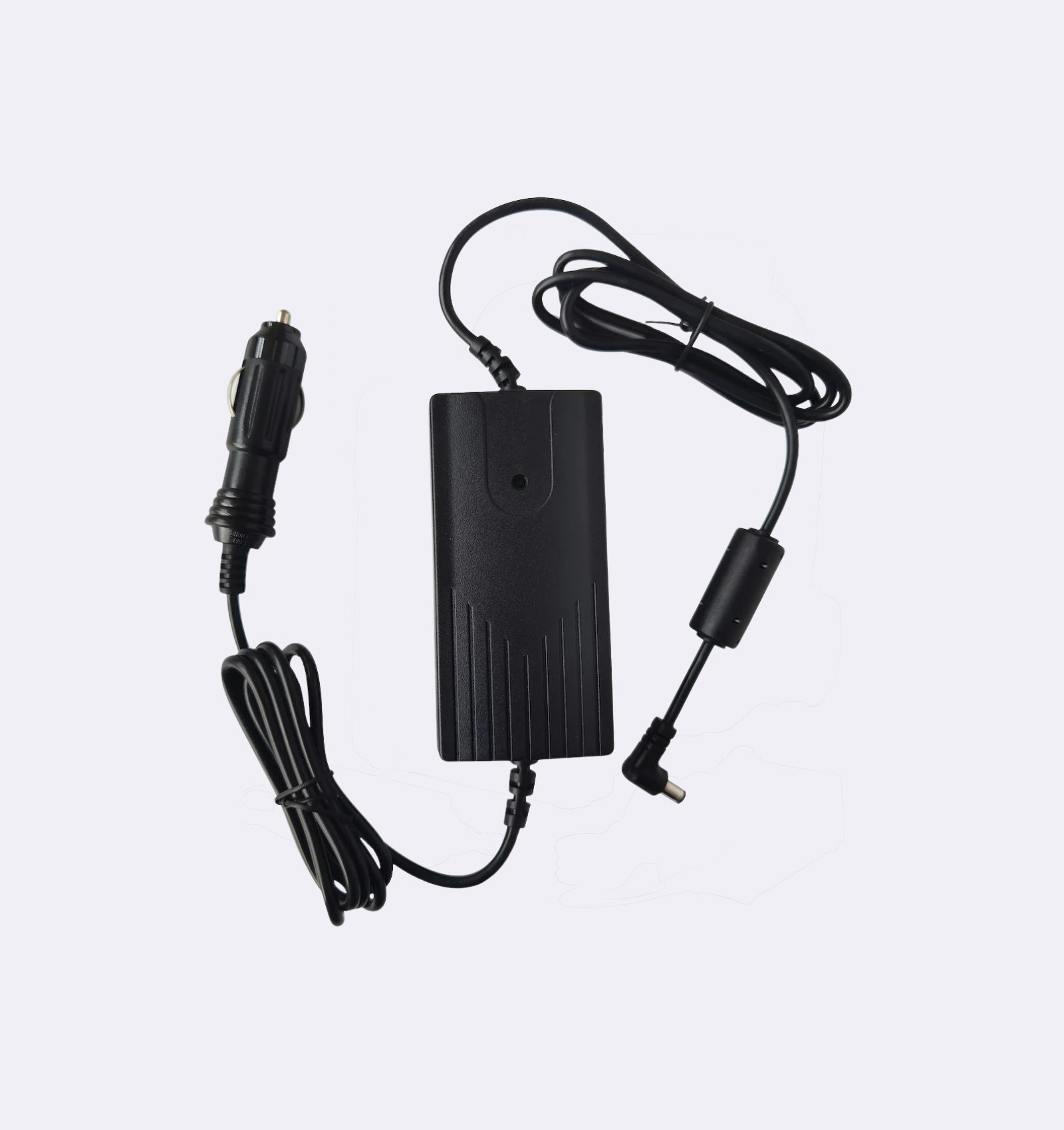 Black power adapter with cable on a white background