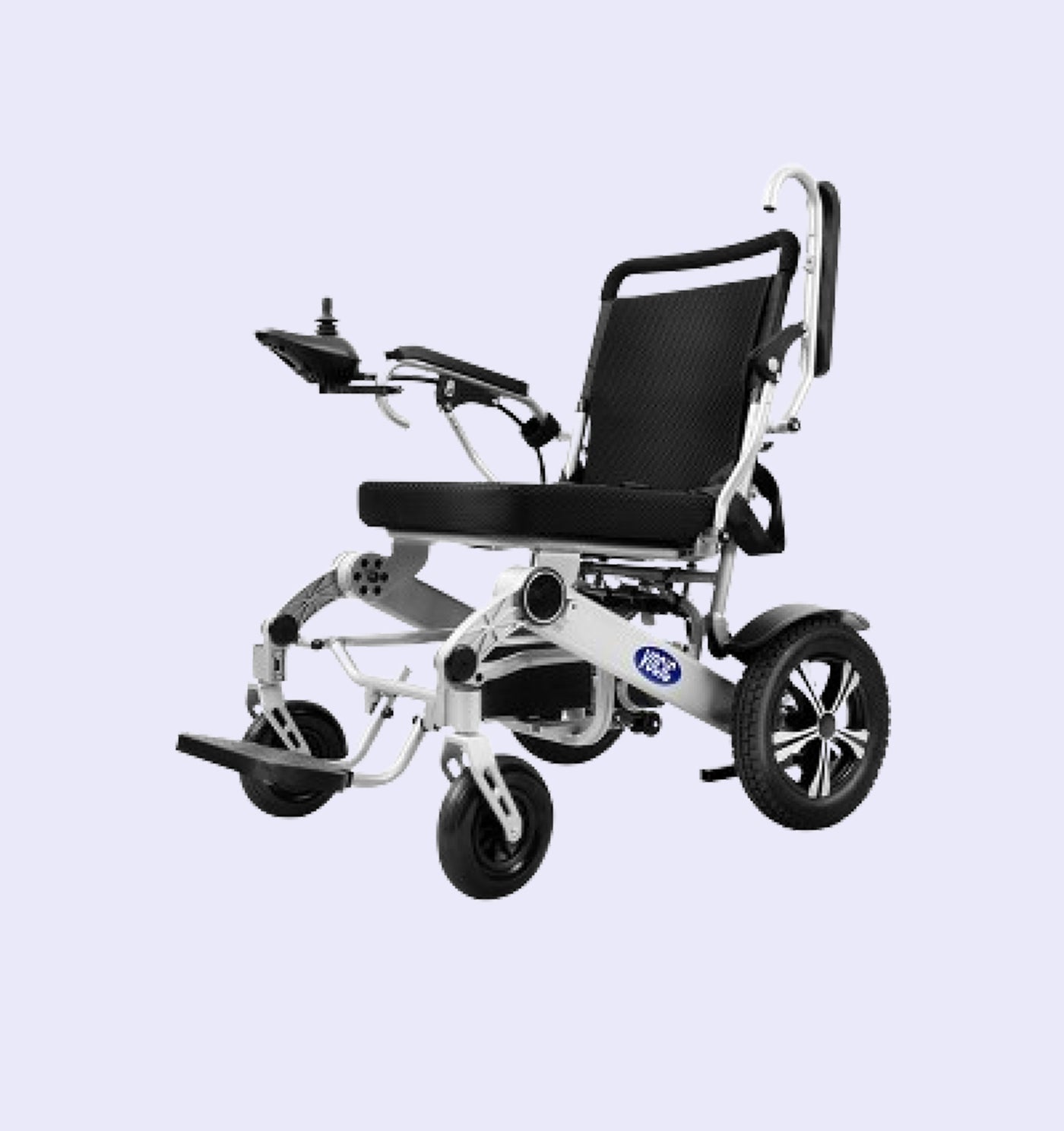 Foldable electric wheelchair on a light purple background