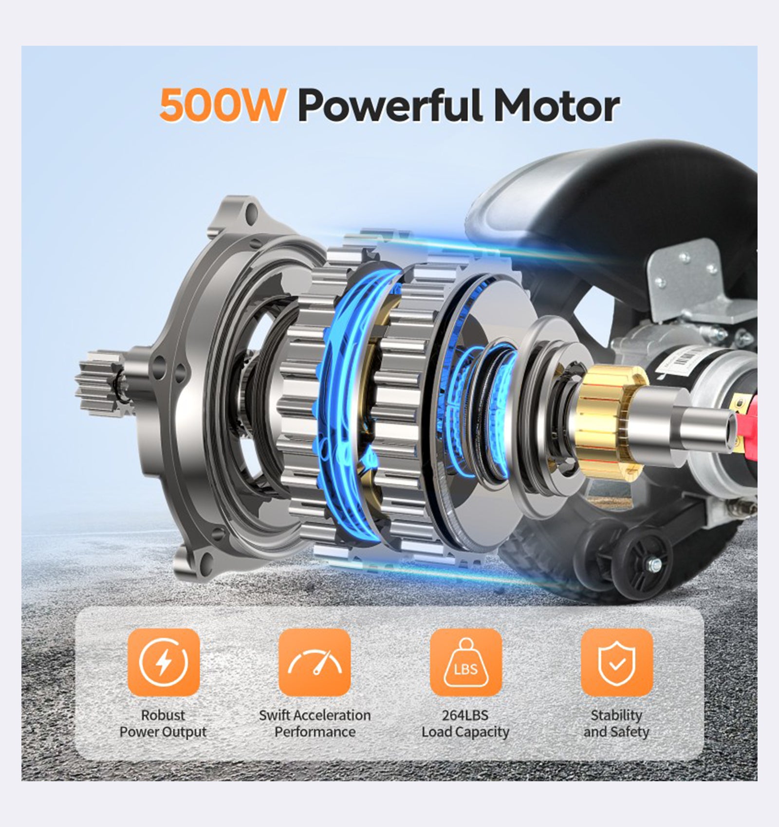 500W powerful motor with gear system and features on a blue background