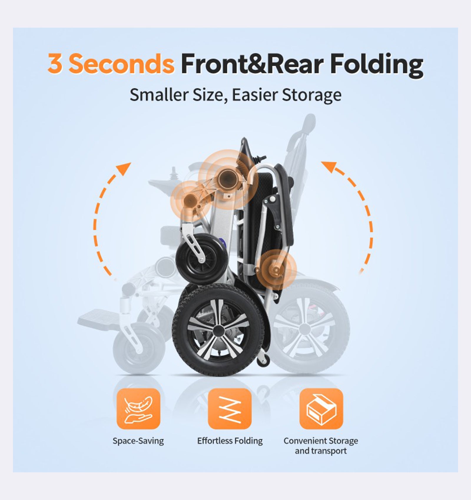 Folding scooter with text on a light blue background