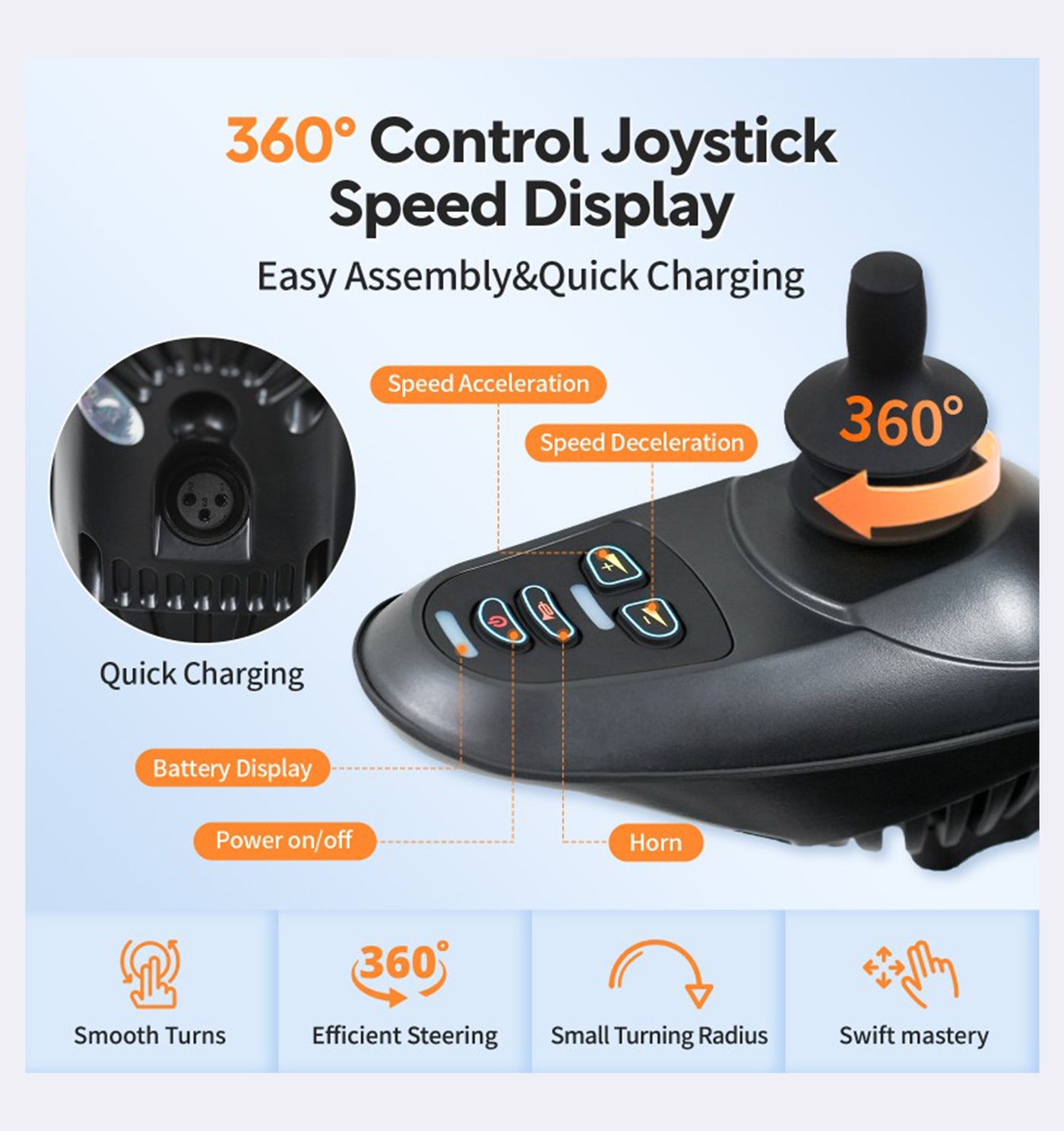 360-degree control joystick with speed display and features on a light blue background