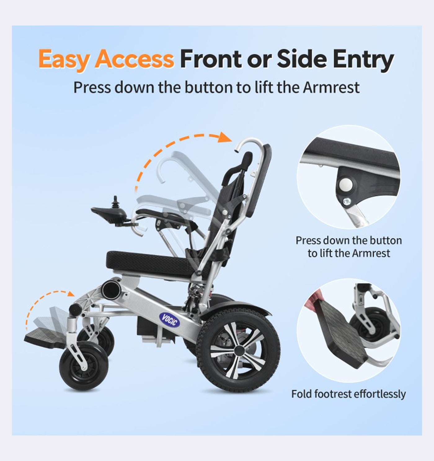 Electric wheelchair with features for easy access and armrest lifting on a light blue background.