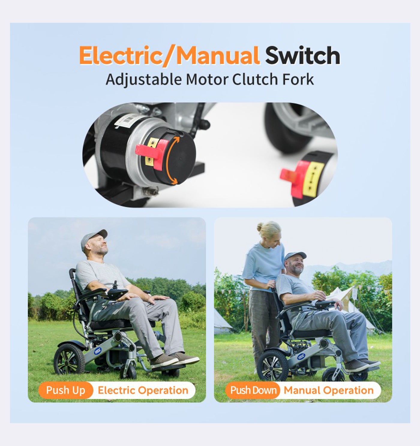 Electric wheelchair with adjustable motor clutch fork and user manual on a blue background