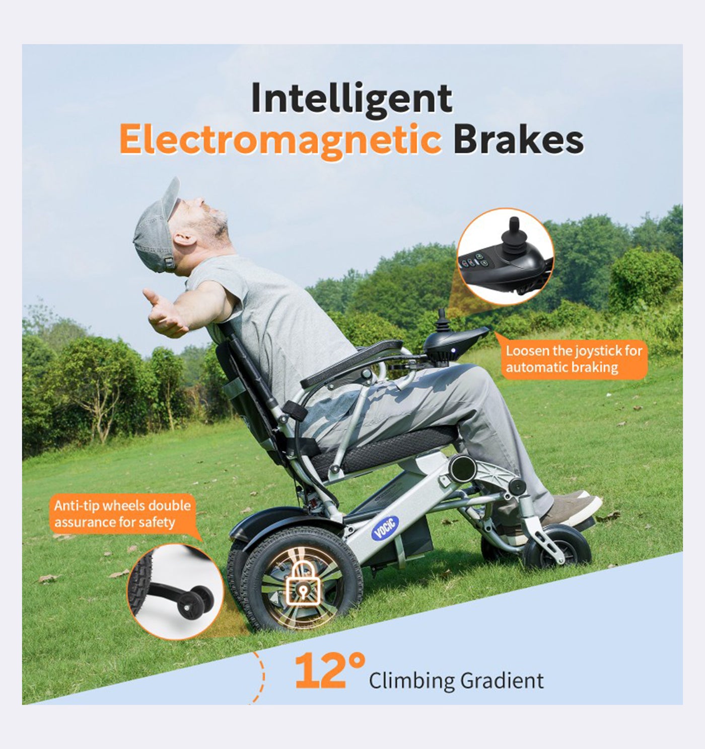 Person using a power wheelchair with intelligent electromagnetic brakes in an outdoor setting.