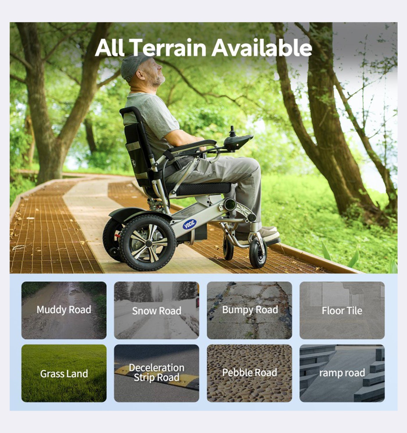 Man using a mobility scooter in a natural setting with terrain challenges displayed below.