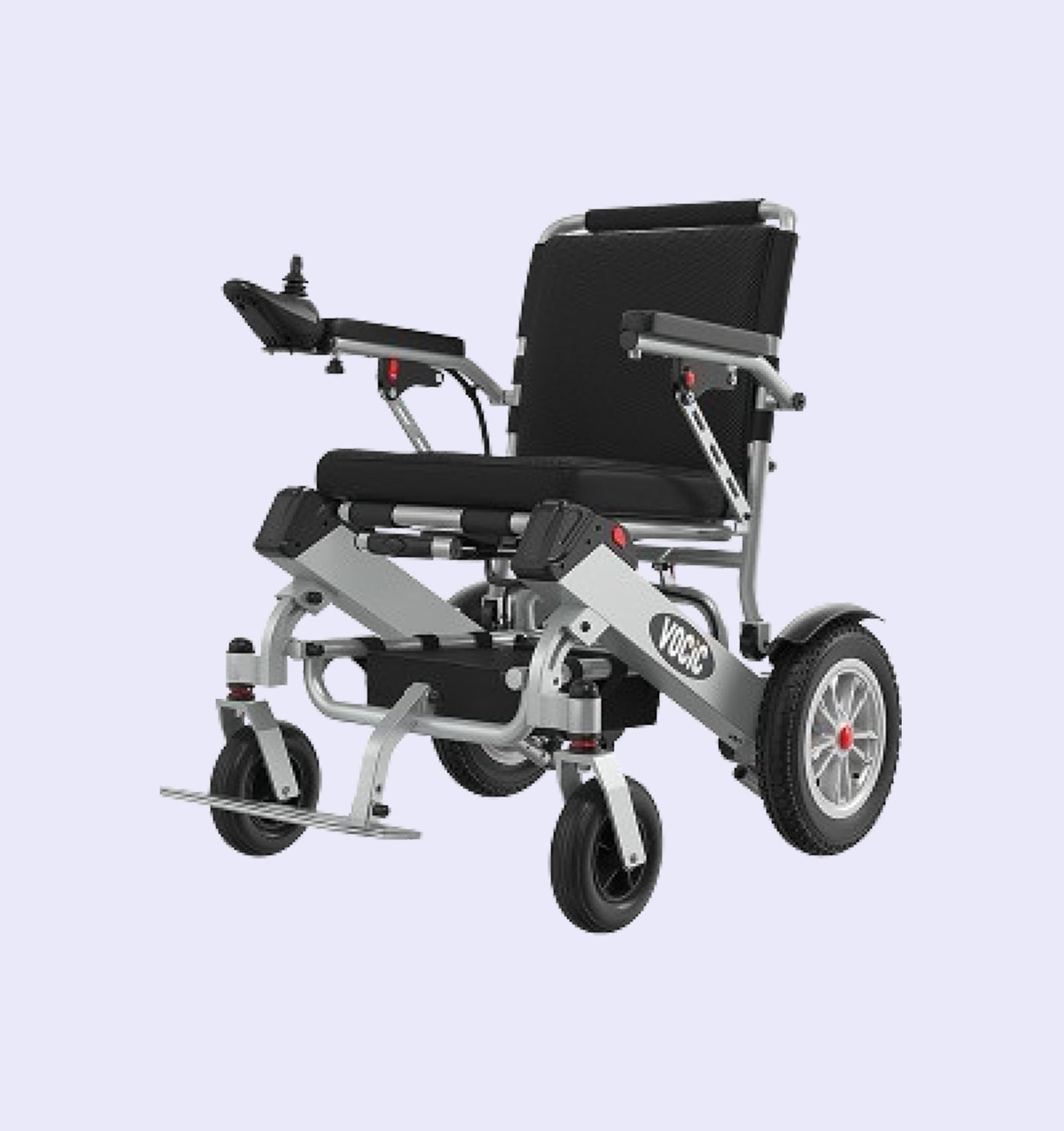 Foldable electric wheelchair with 'Vogel' branding on a light purple background