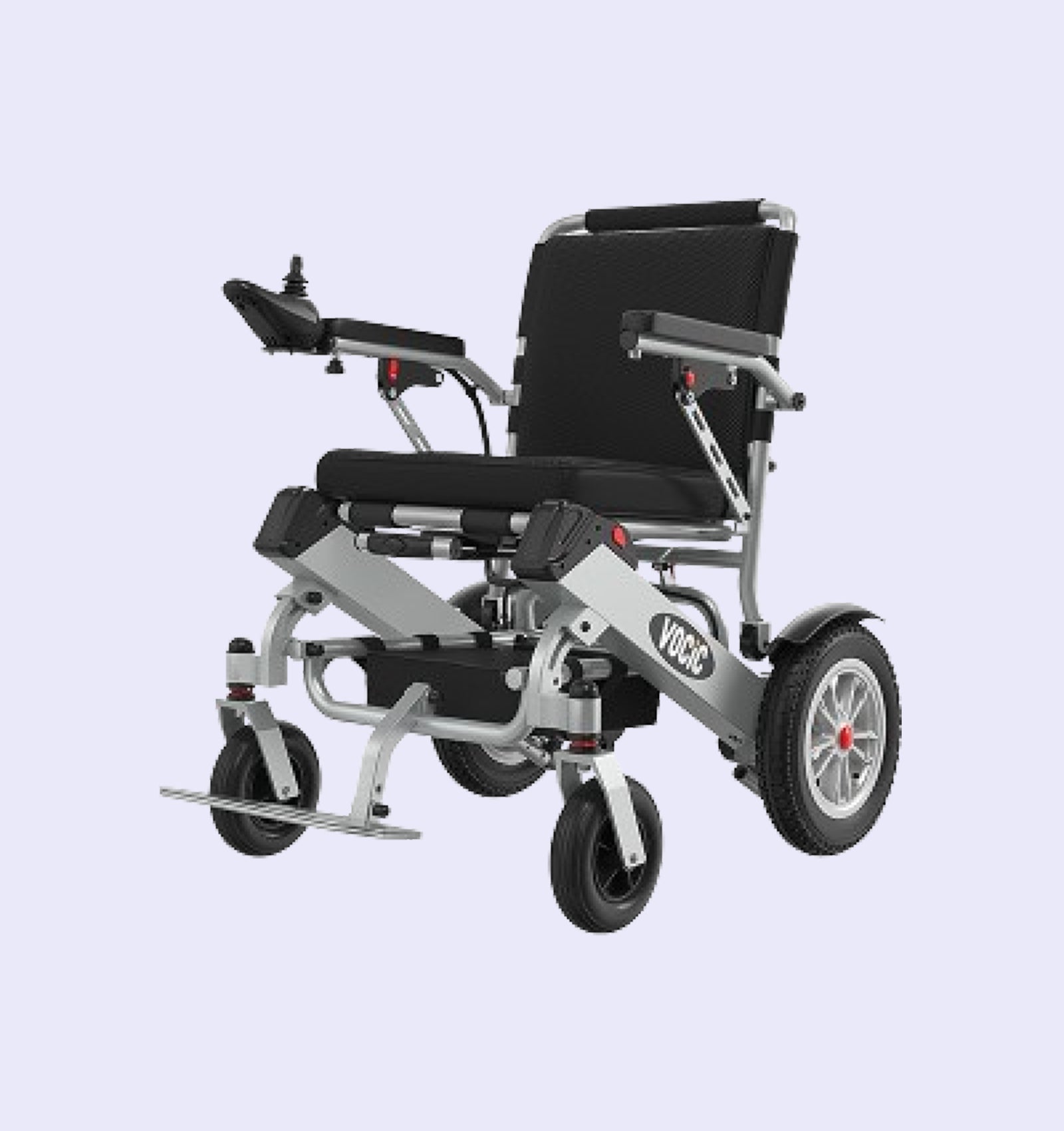 Foldable electric wheelchair with 'Vogel' branding on a light purple background