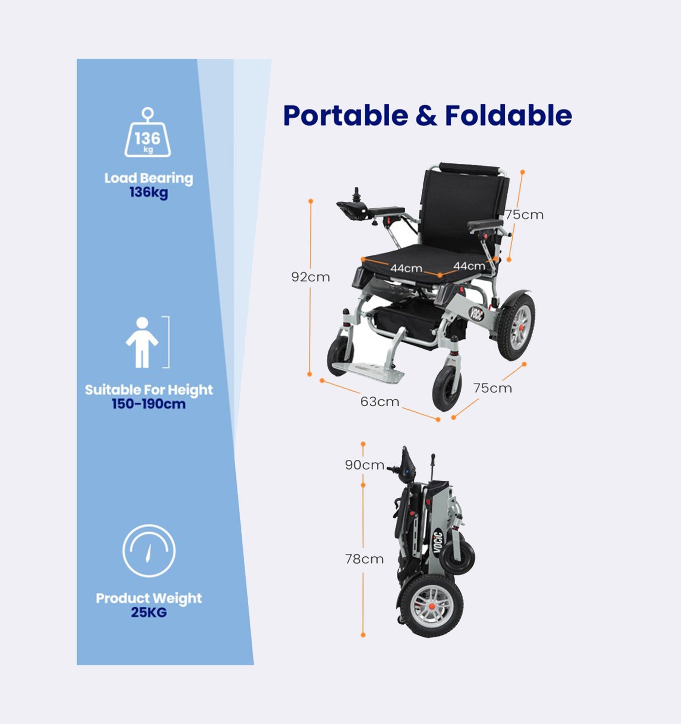 Portable and foldable electric wheelchair with specifications on a white background