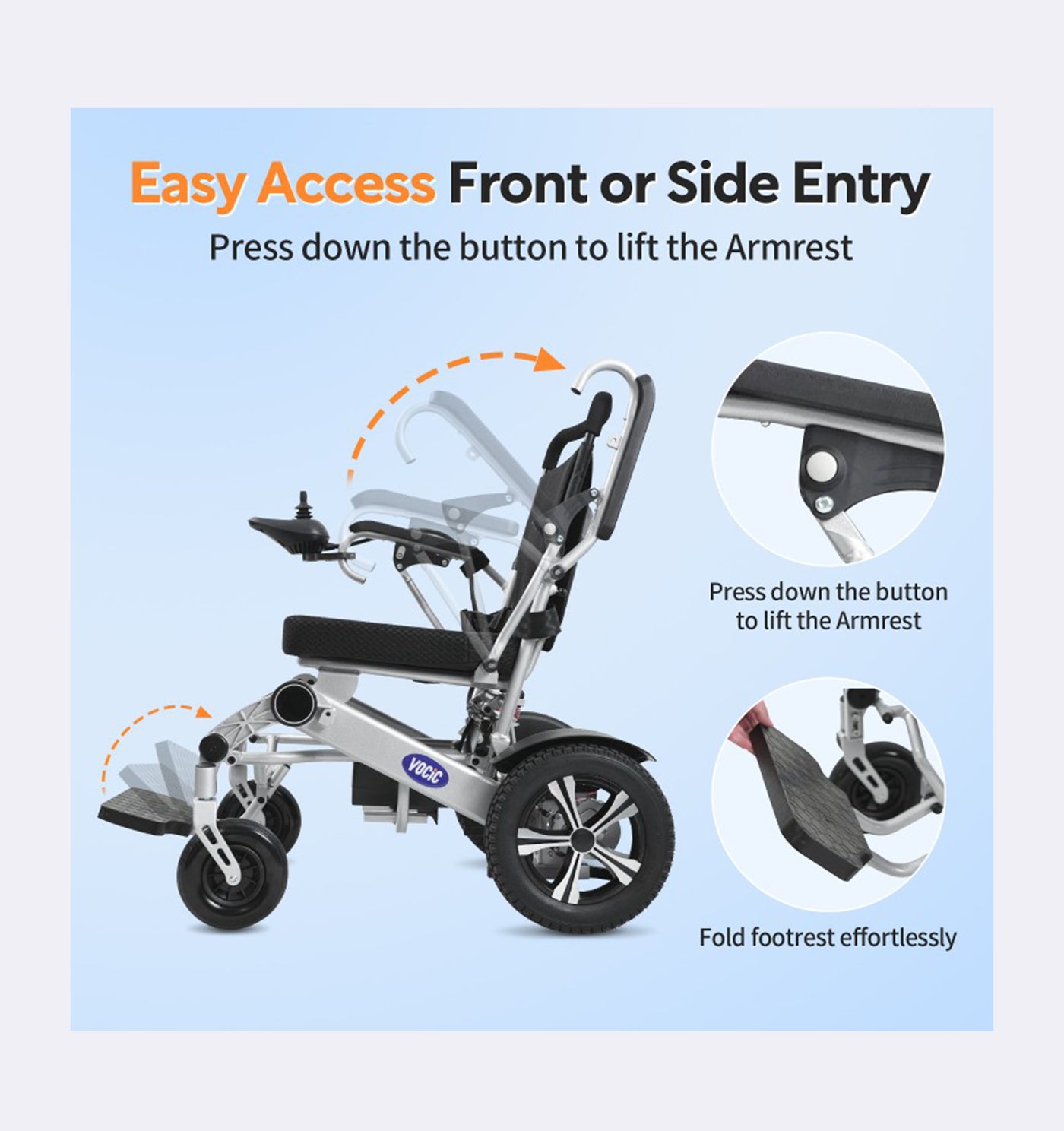 Wheelchair with armrest and footrest features on a light blue background