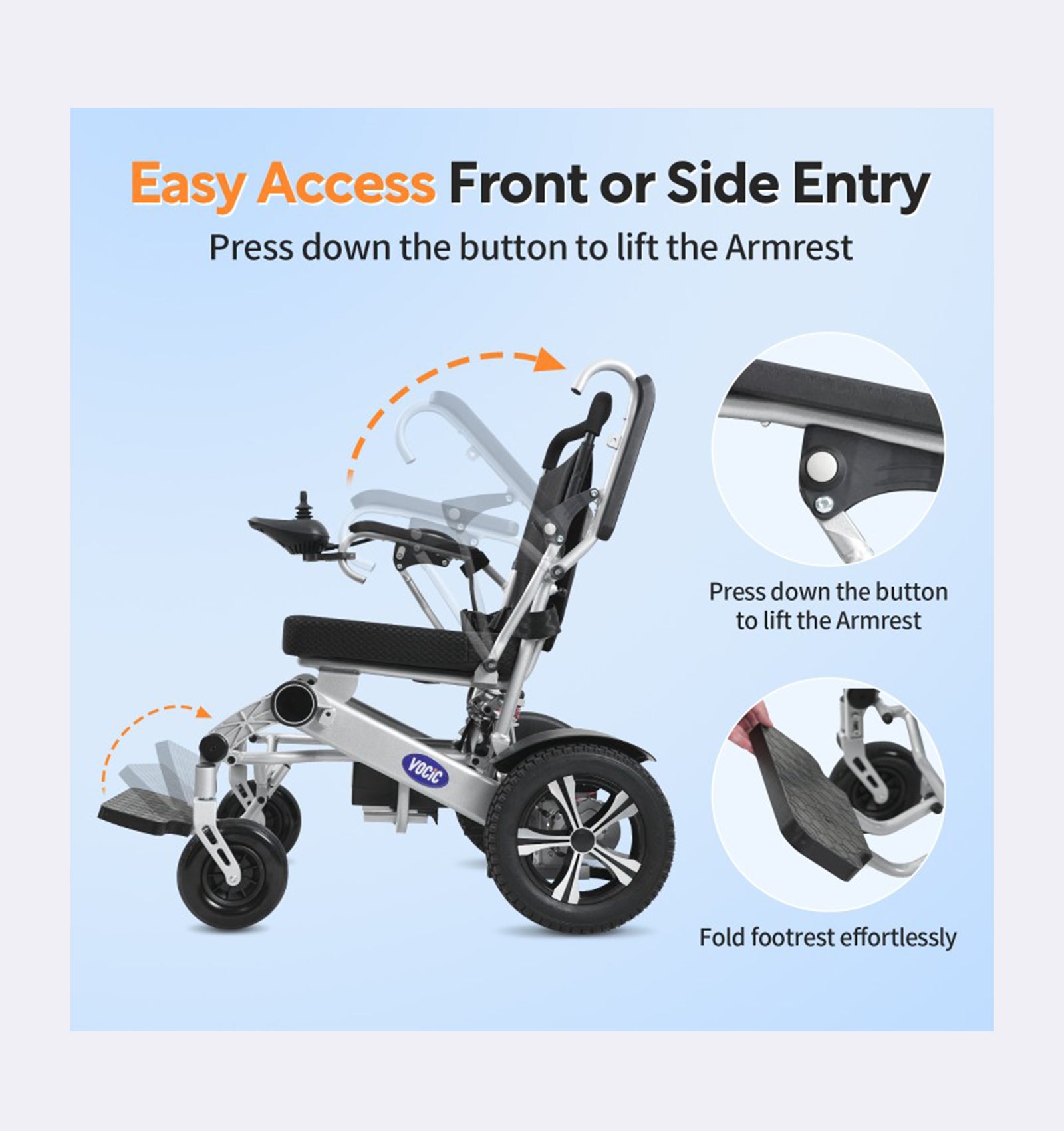 Wheelchair with armrest and footrest features on a light blue background