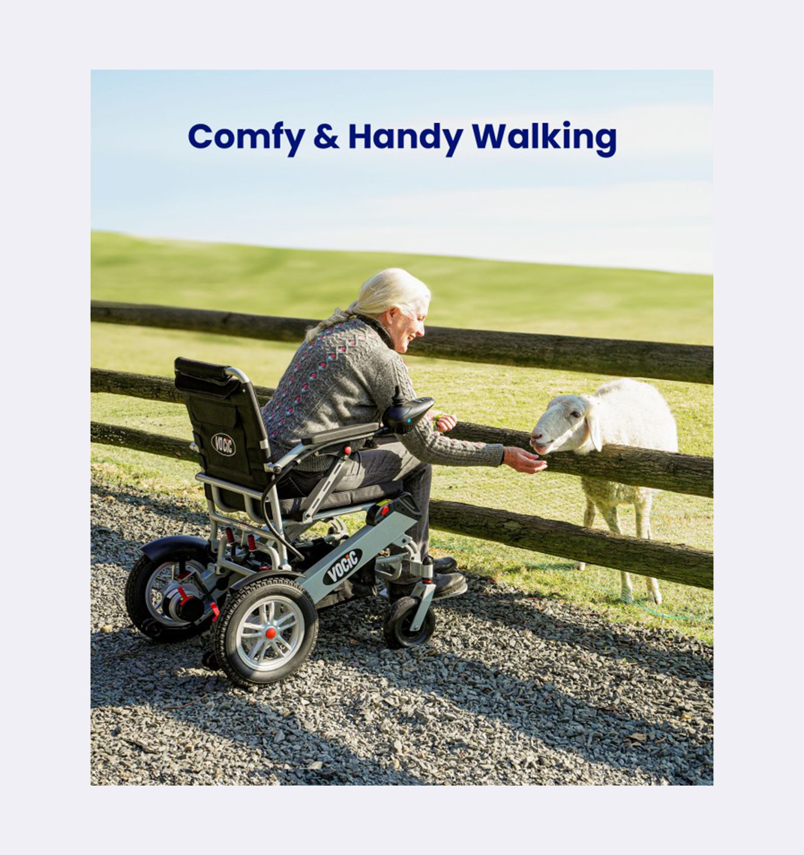 Person using a mobility scooter near a sheep in a field with 'Comfy & Handy Walking' text.