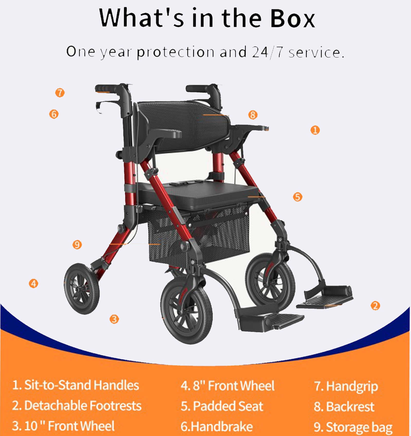 Rollator with features listed on a white background