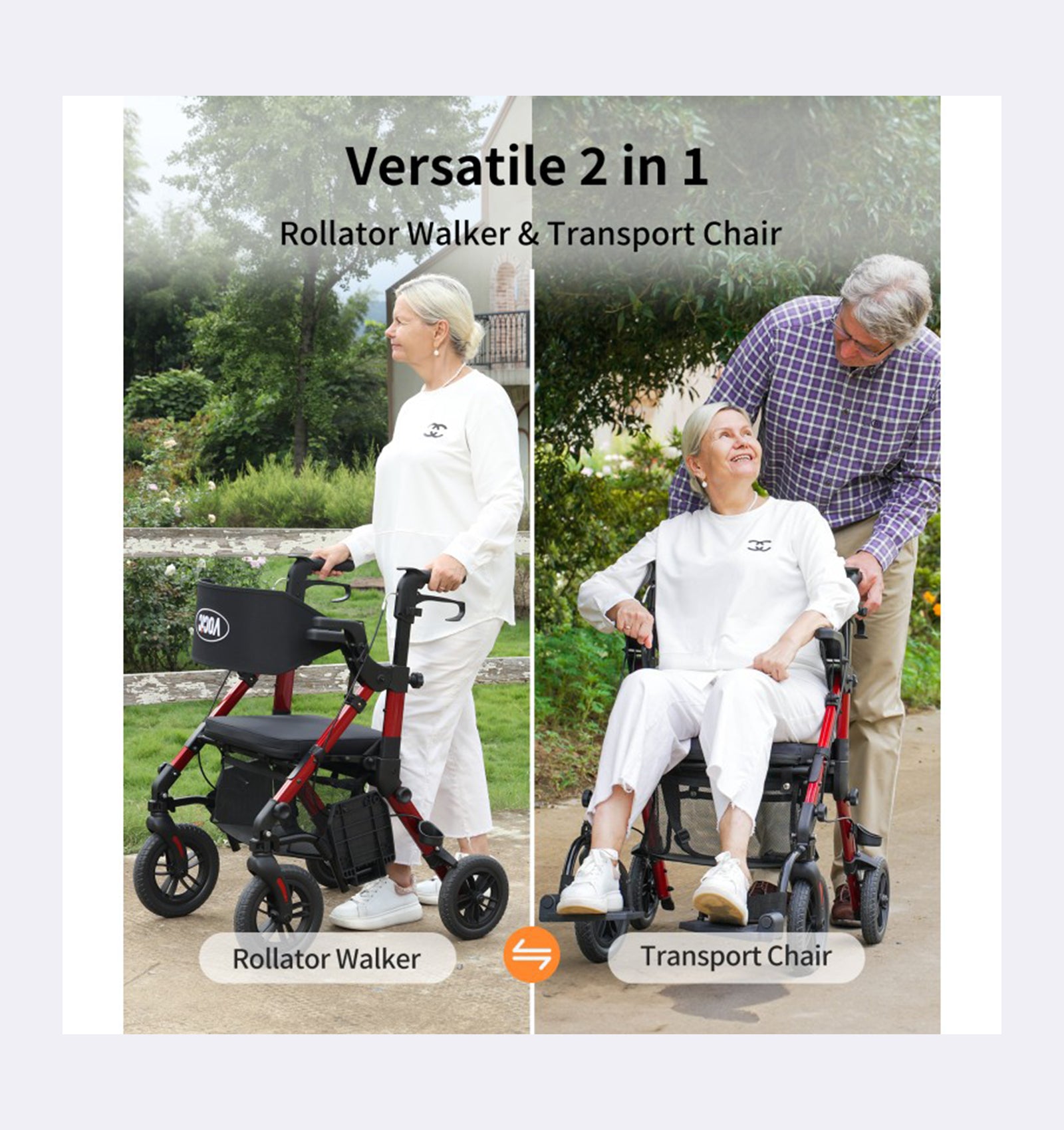 Versatile 2-in-1 rollator walker and transport chair being used by a woman and an elderly person outdoors.