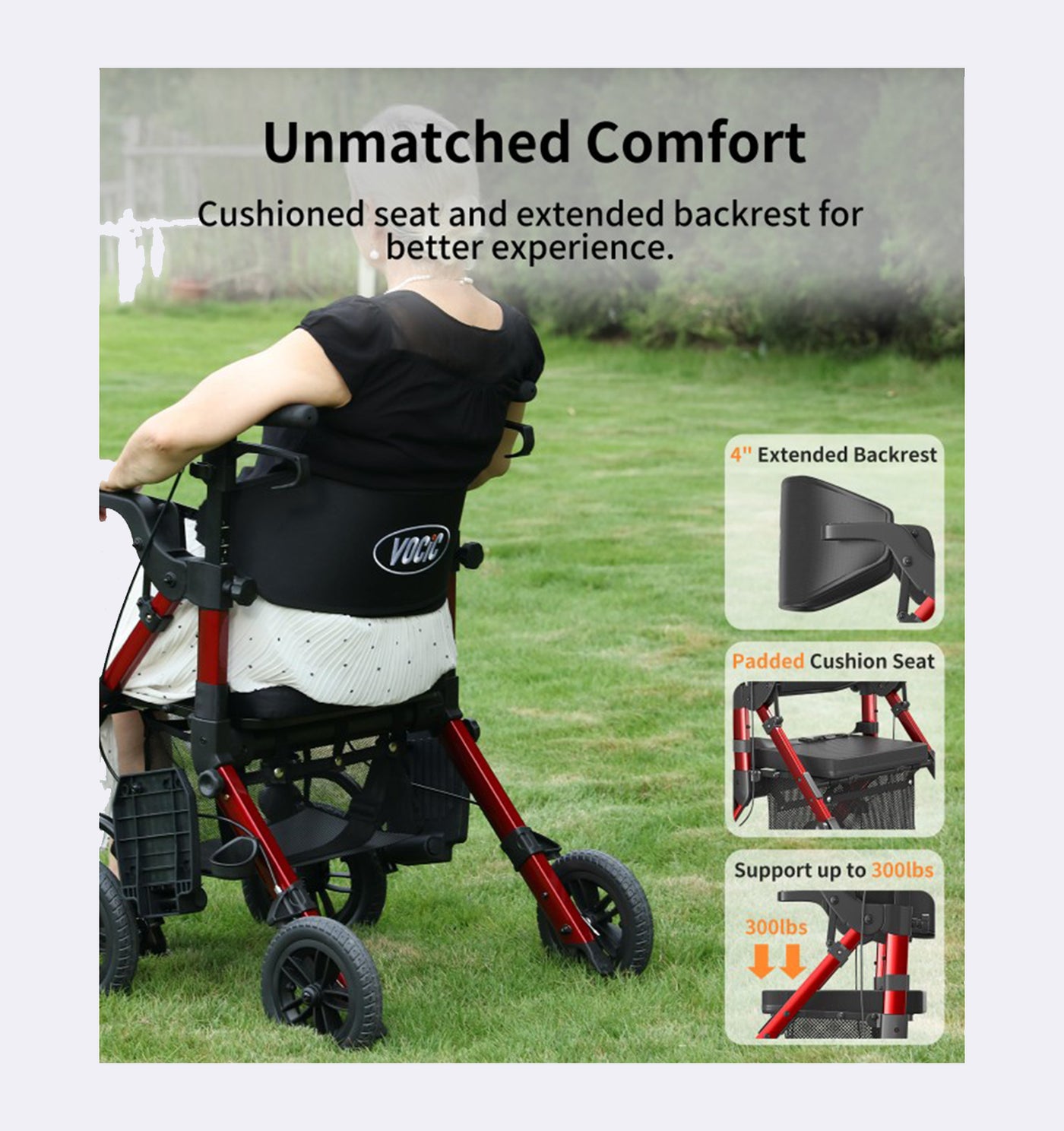 Person using a walker with highlighted comfort features on a grassy background