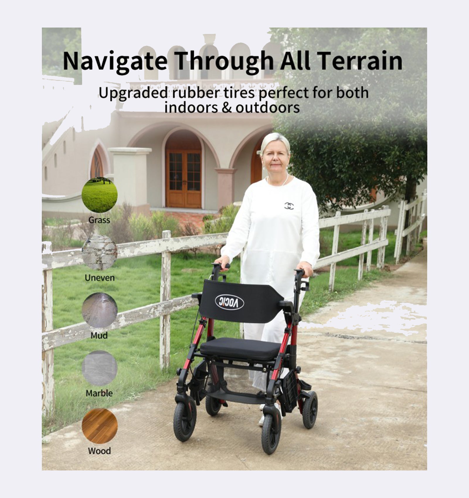 Woman using a rollator with text about upgraded rubber tires for various terrains.