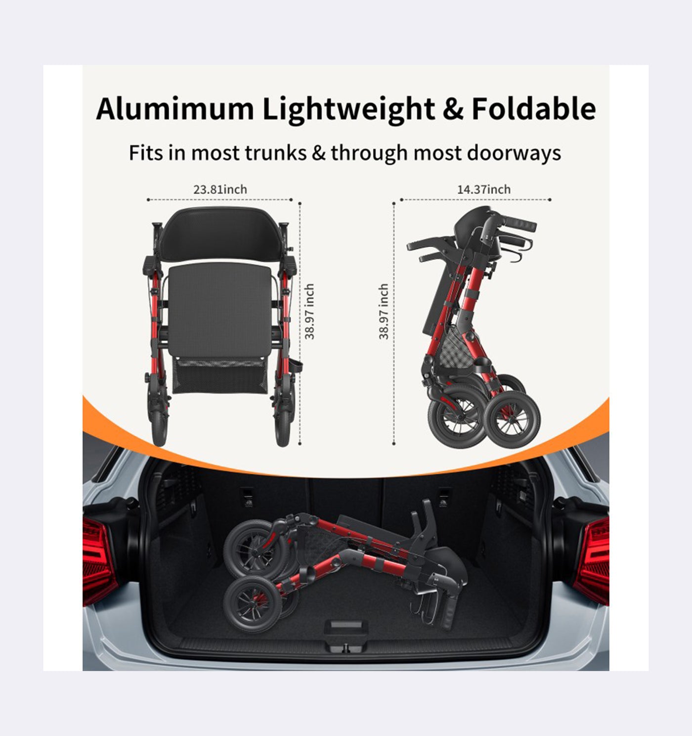 Foldable wheelchair with dimensions and storage capability shown in a car trunk.