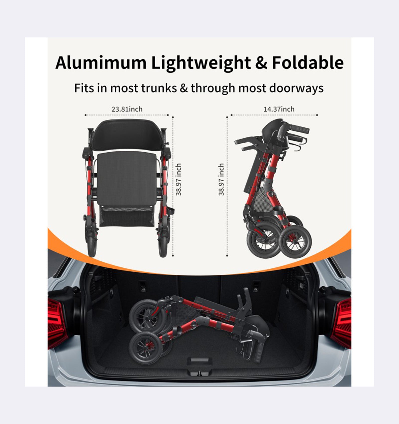 Foldable wheelchair with dimensions and storage capability shown in a car trunk.