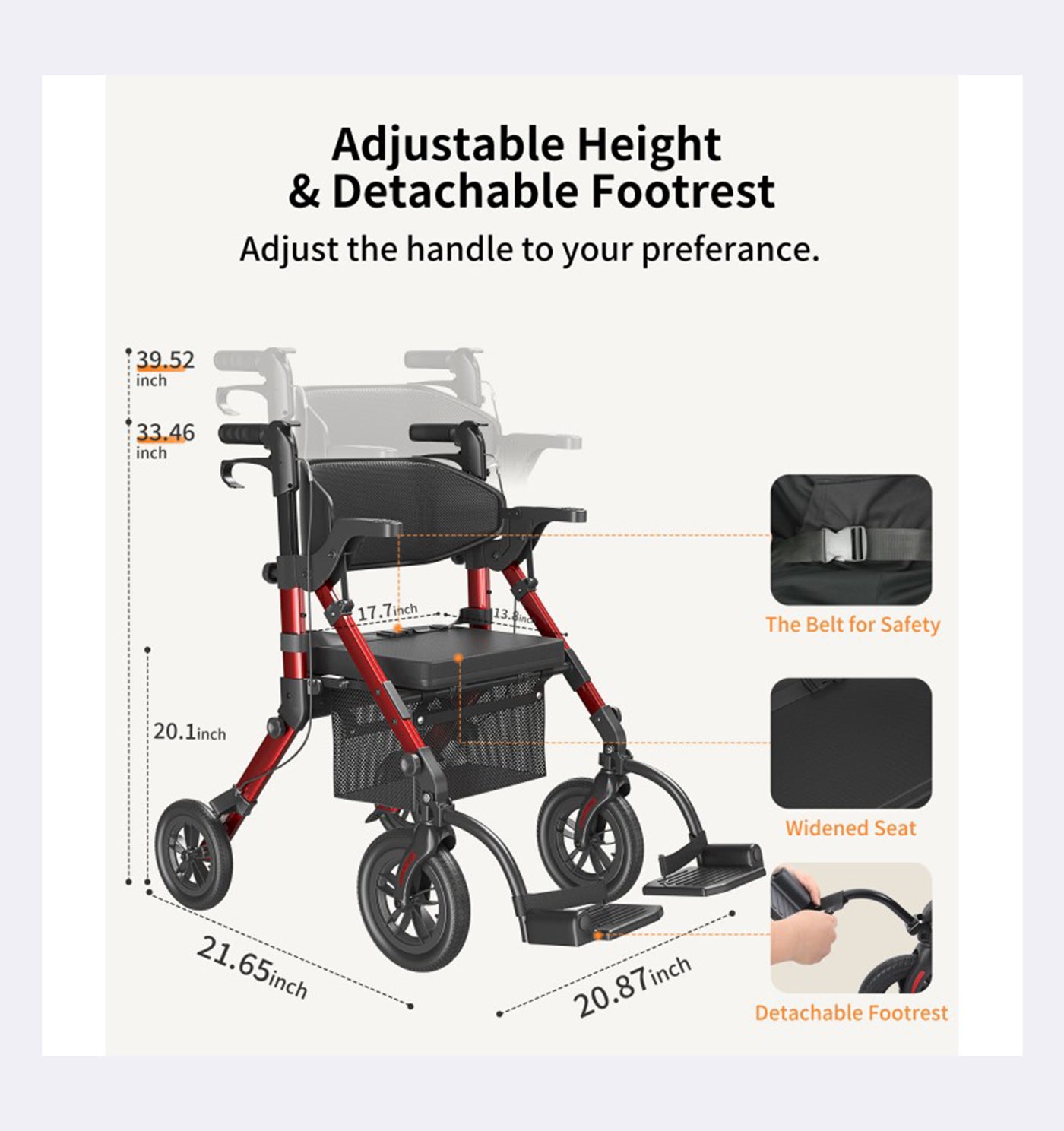 Measurement chart of a red and black mobility scooter with adjustable height and detachable footrest features.