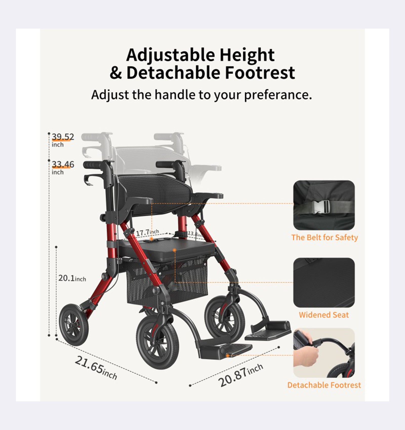 Measurement chart of a red and black mobility scooter with adjustable height and detachable footrest features.