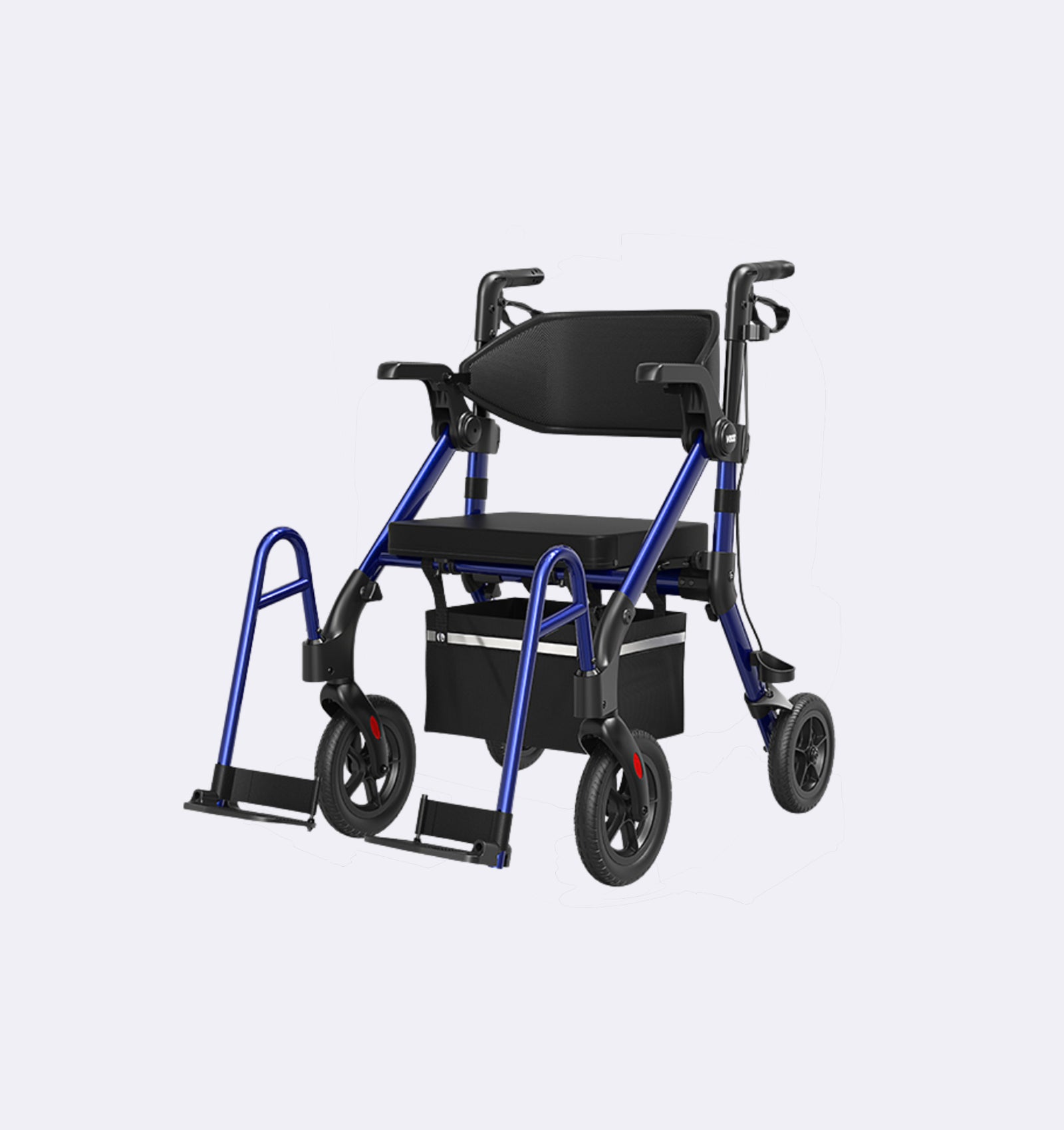 Blue and black rollator on a light gray background