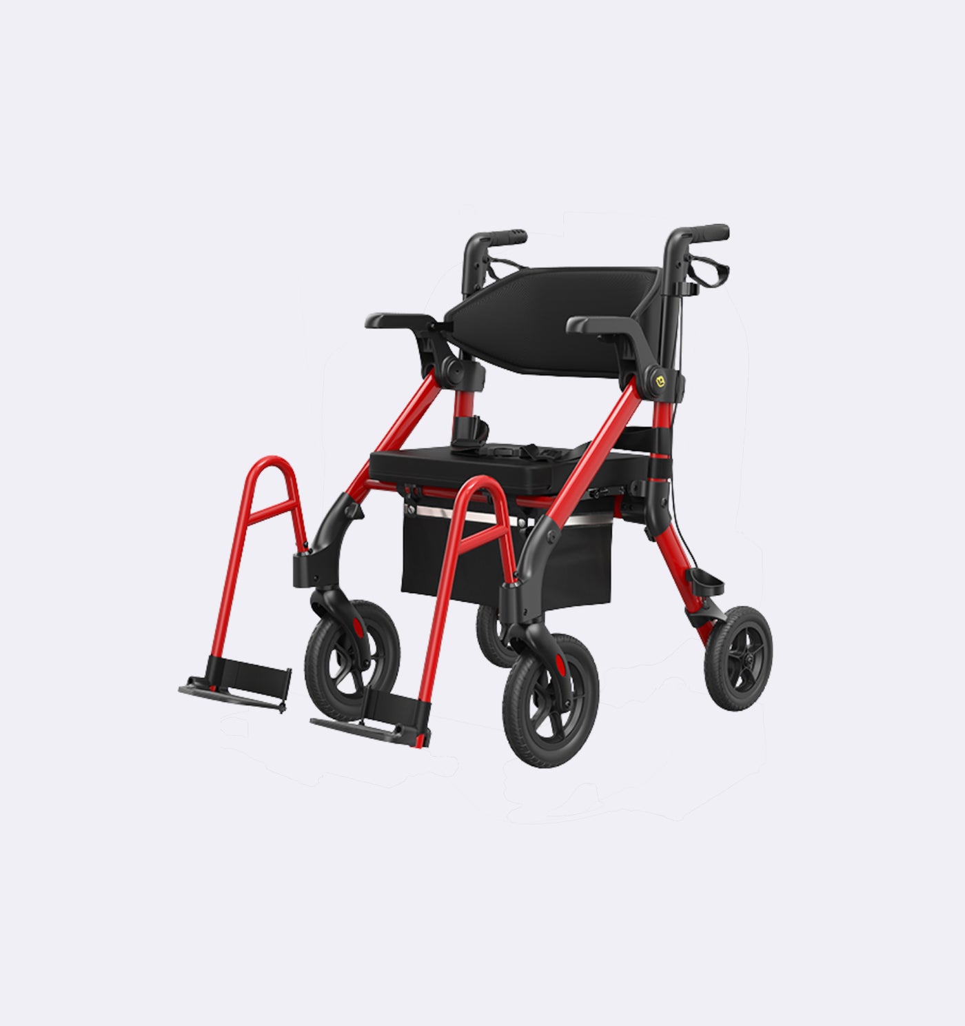 Red and black rollator on a light gray background
