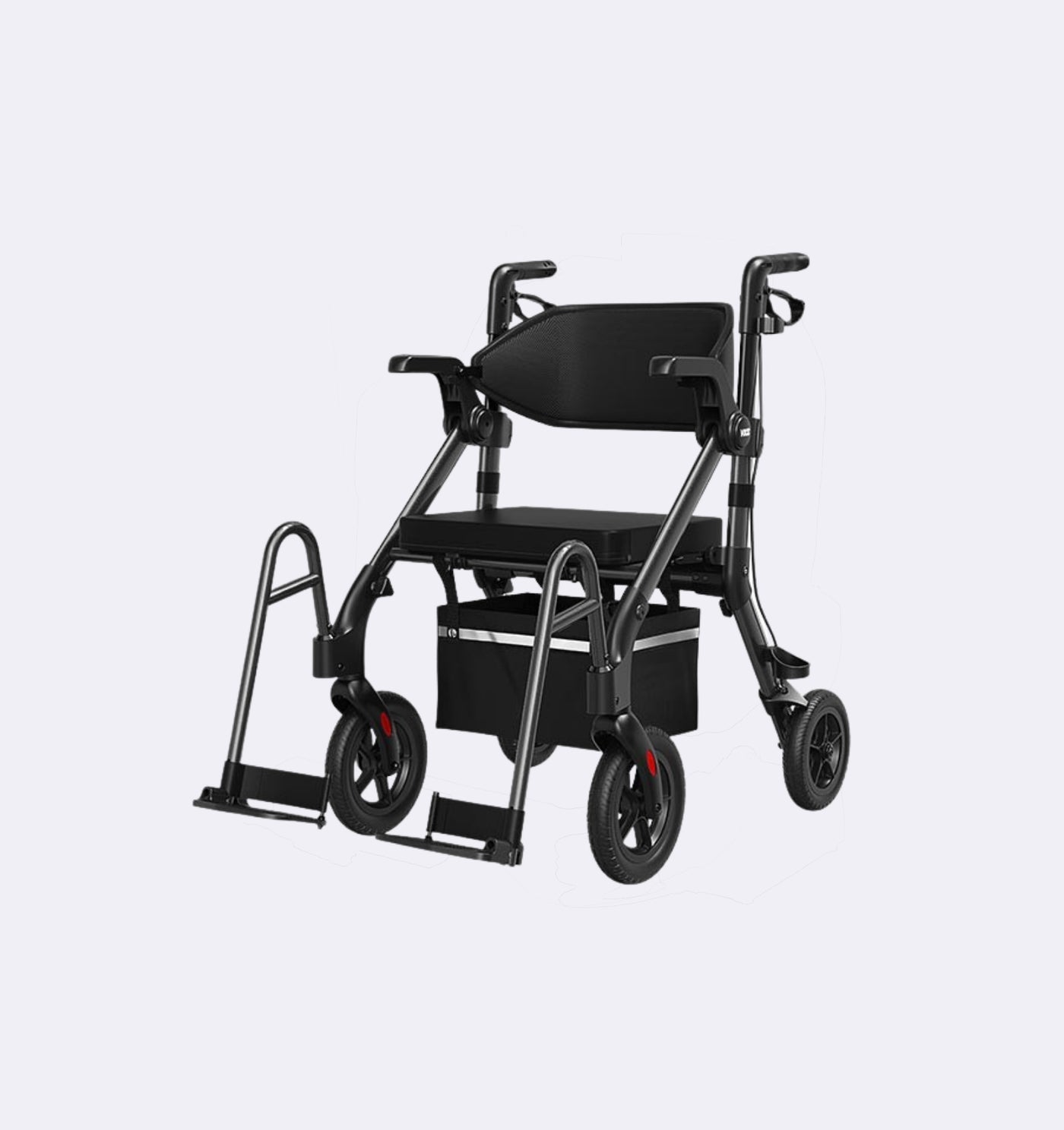 Black rollator with seat on a light gray background