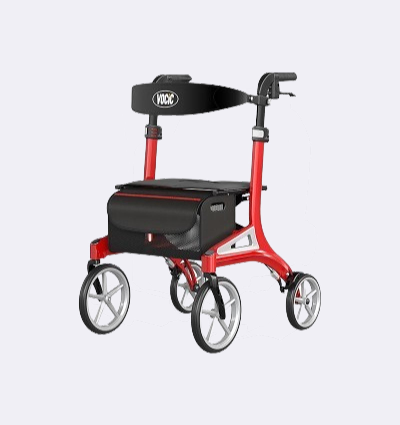 Red and black rollator walker on a light gray background