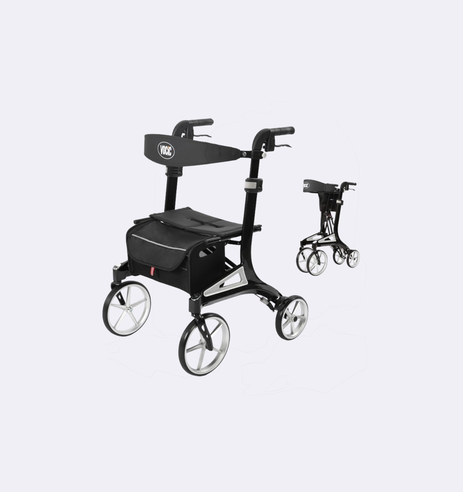 Black rollator with wheels on a light gray background