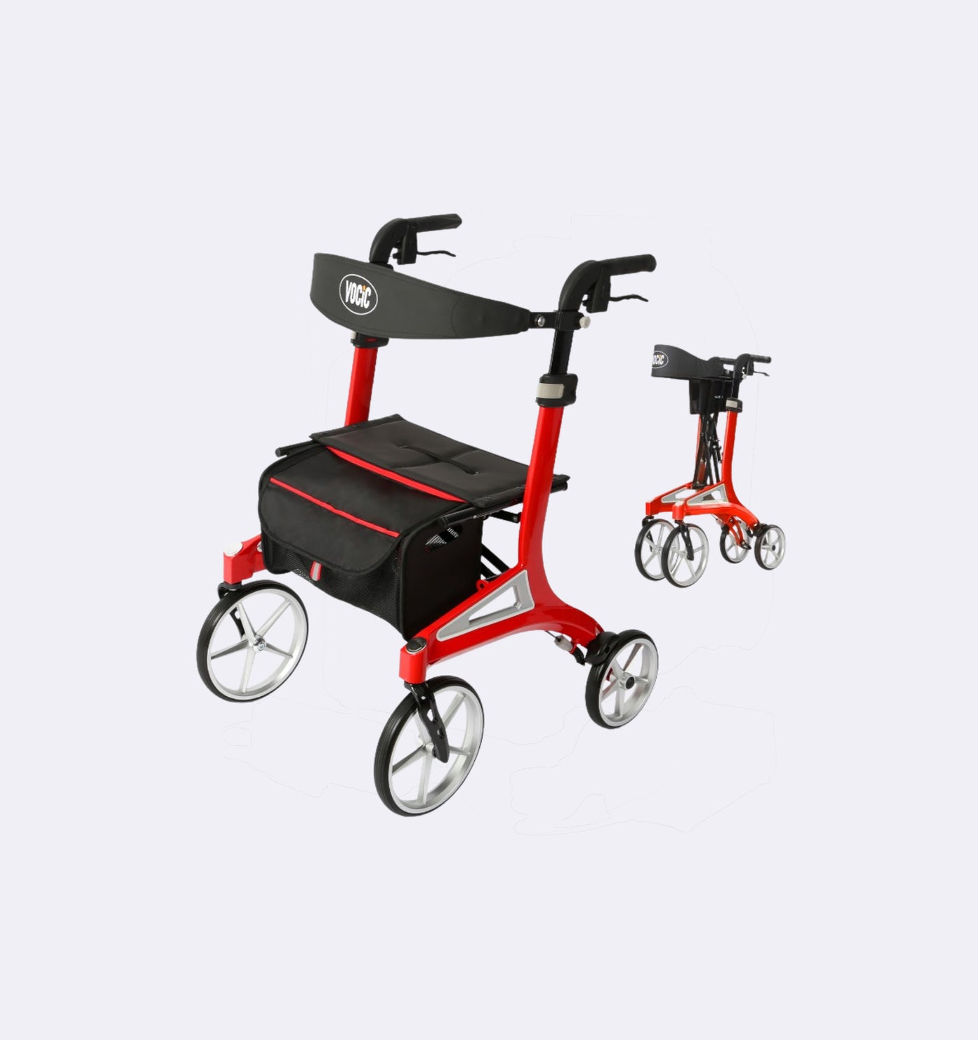Red and black rollator with storage bag on a light gray background