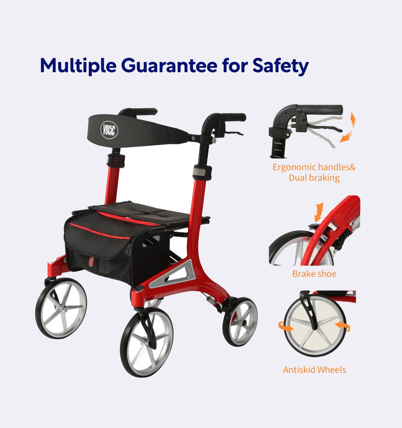 Red rollator with safety features highlighted on a white background
