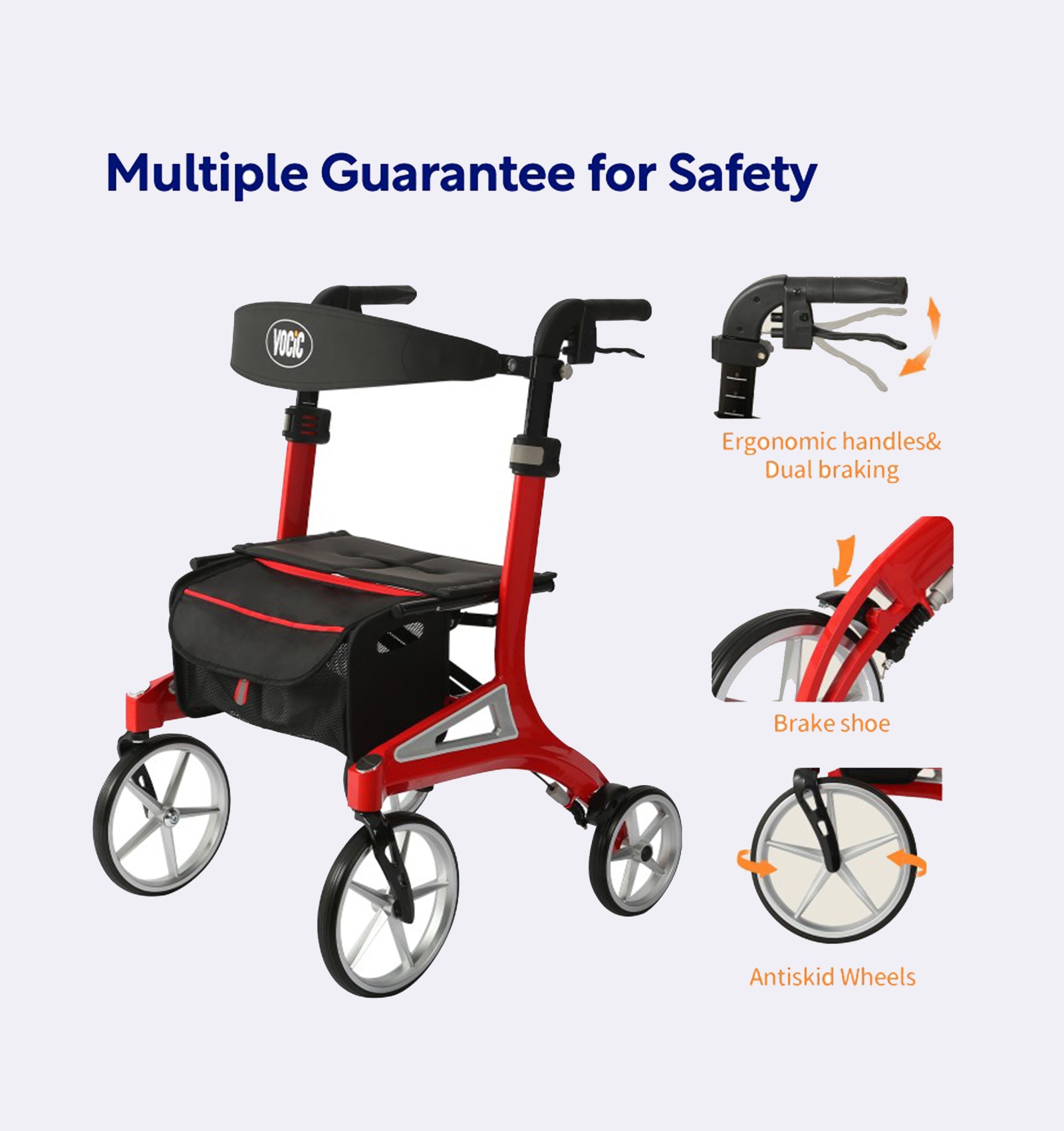 Red rollator with safety features highlighted on a white background