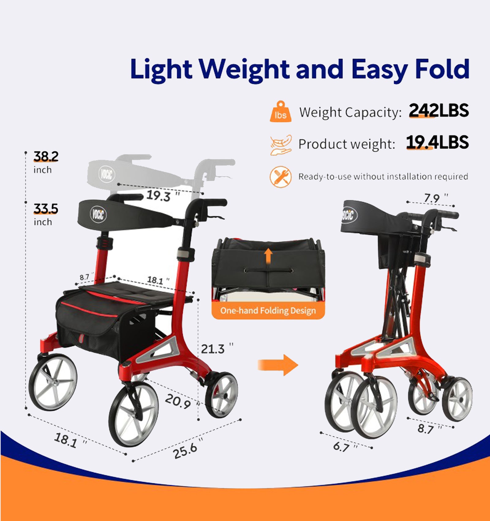 Rollator with measurement details and weight capacity on a white background