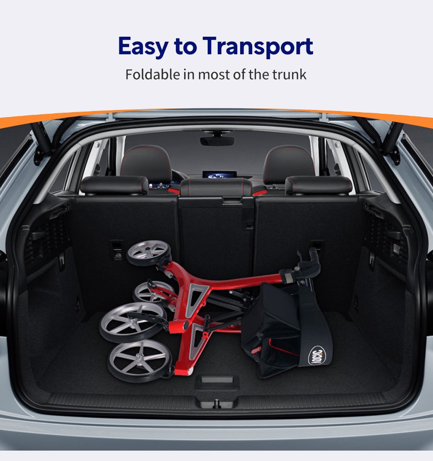 Foldable scooter in a car trunk with text 'Easy to Transport' and 'Foldable in most of the trunk'.