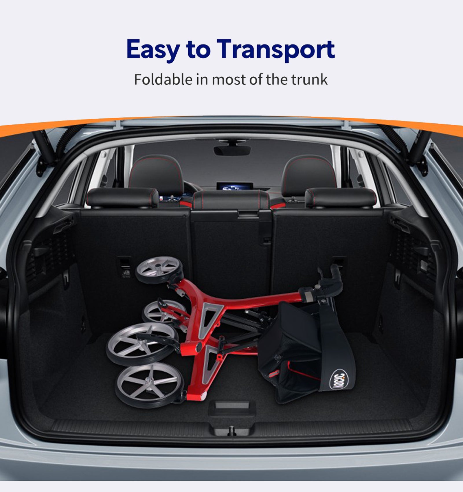 Foldable scooter in a car trunk with text 'Easy to Transport' and 'Foldable in most of the trunk'.