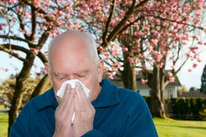 older man blowing his nose from allergies